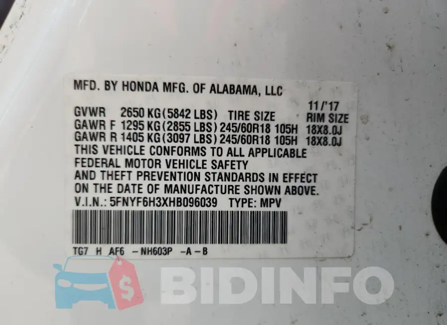5FNYF6H3XHB096039 Photo# 13