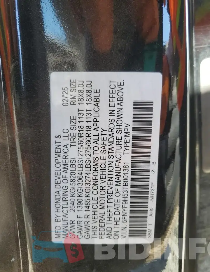 5FNYF9H53TB001381 Photo# 14