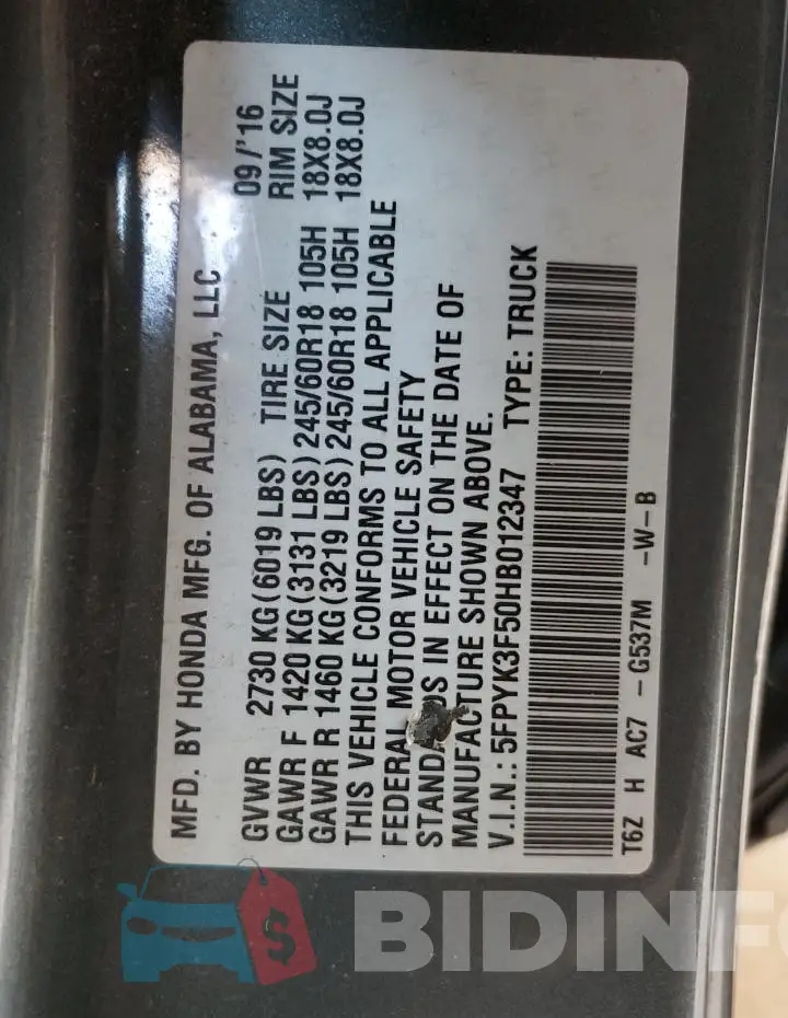 5FPYK3F50HB012347 Photo# 12