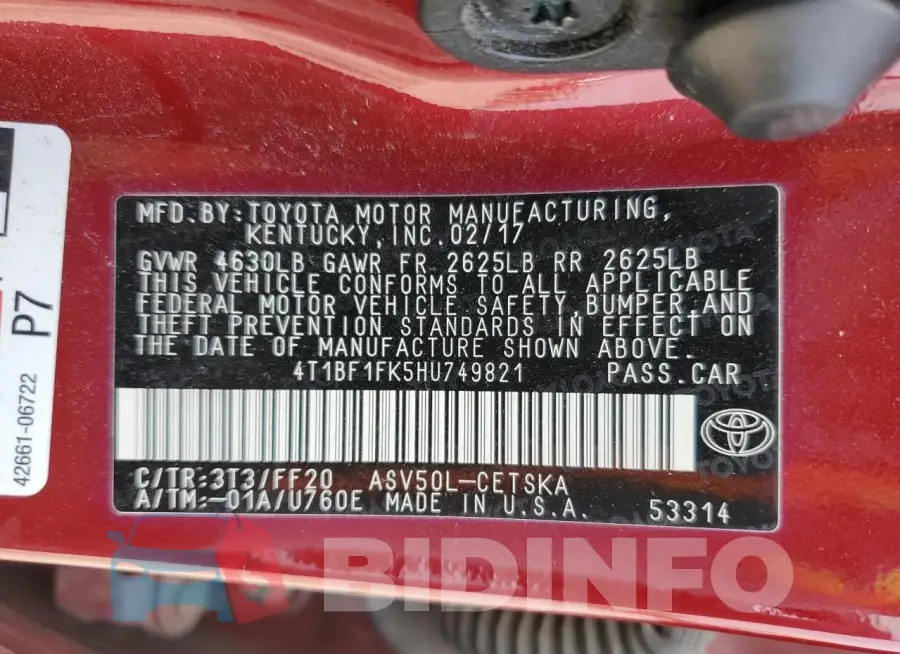 4T1BF1FK5HU749821 Photo# 12