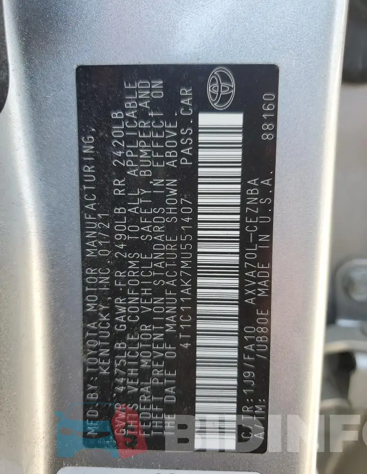 4T1C11AK7MU551407 Photo# 12