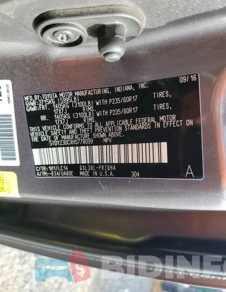 5TDYZ3DCXHS778099 Photo# 13