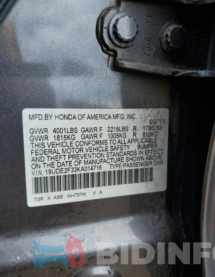 19UDE2F33KA014716 Photo# 12