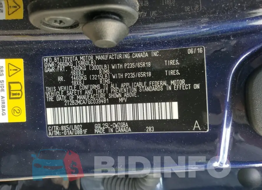 2T2BZMCA7GC039481 Photo# 13