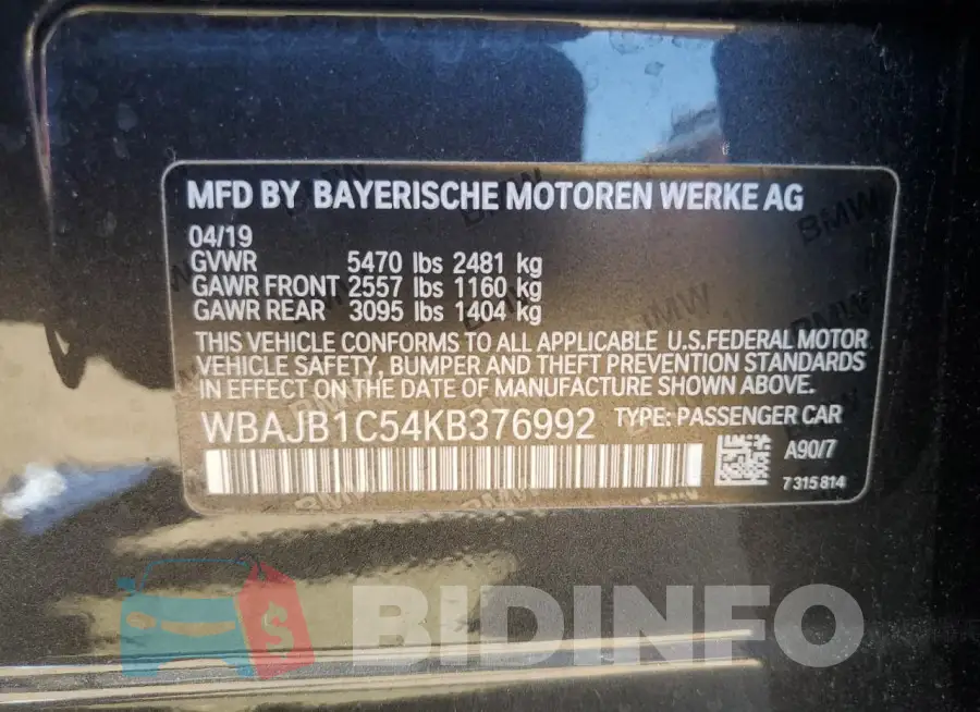 WBAJB1C54KB376992 Photo# 12