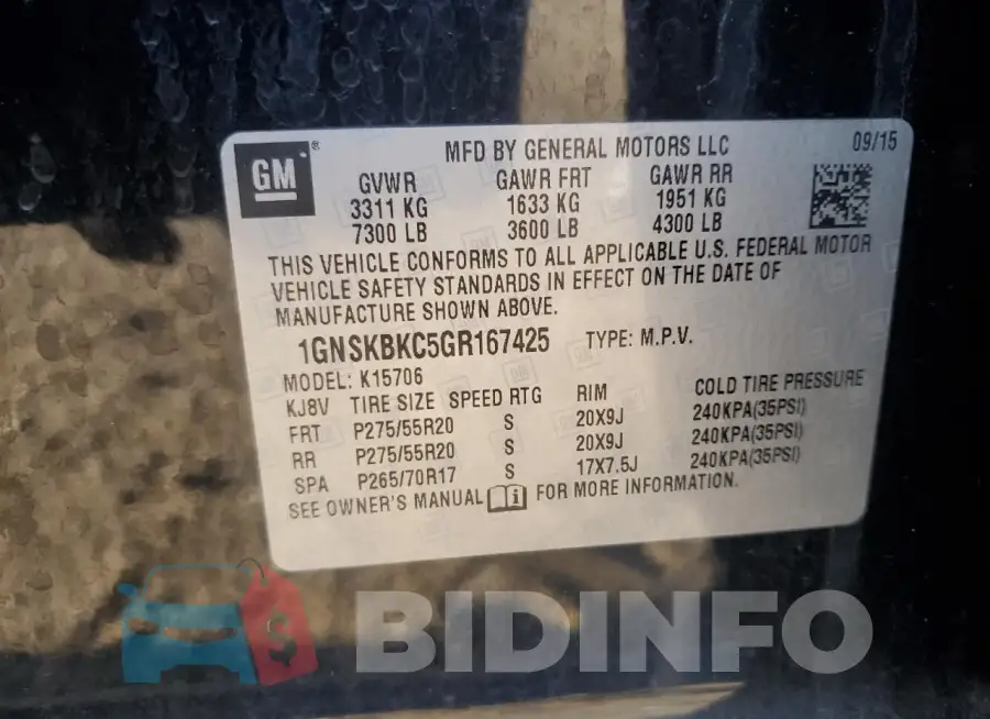 1GNSKBKC5GR167425 Photo# 12