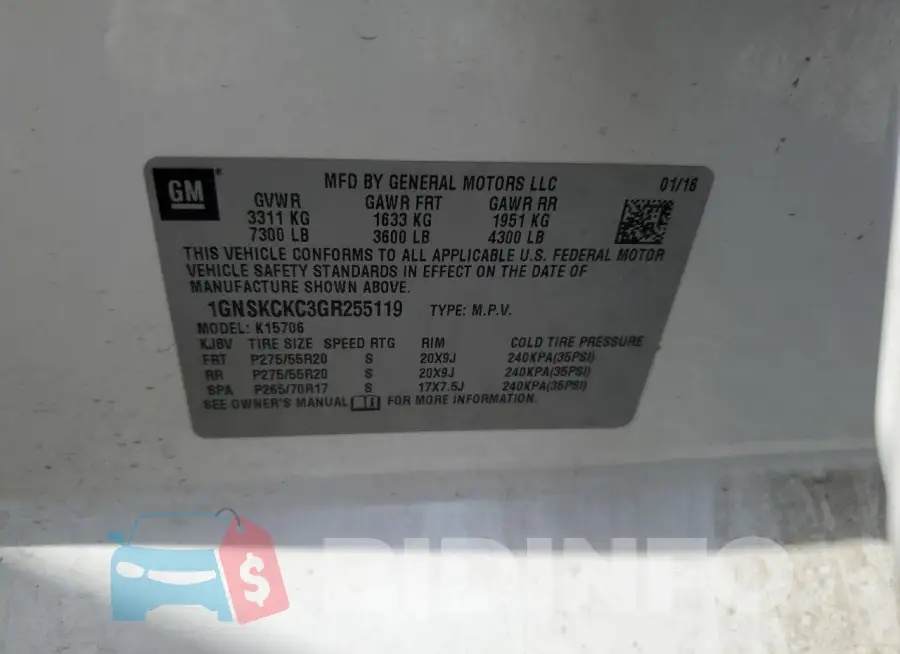 1GNSKCKC3GR255119 Photo# 14