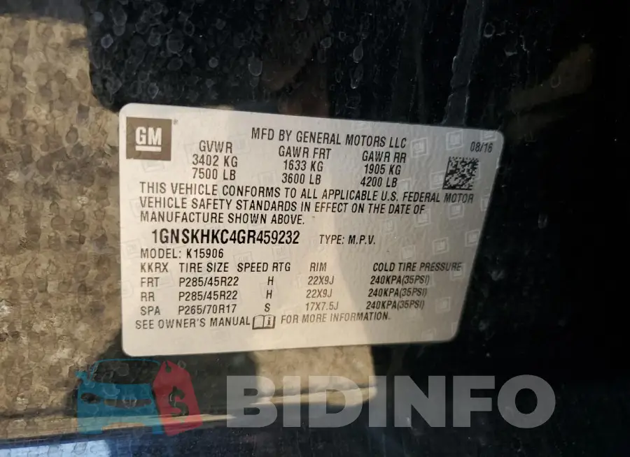 1GNSKHKC4GR459232 Photo# 13