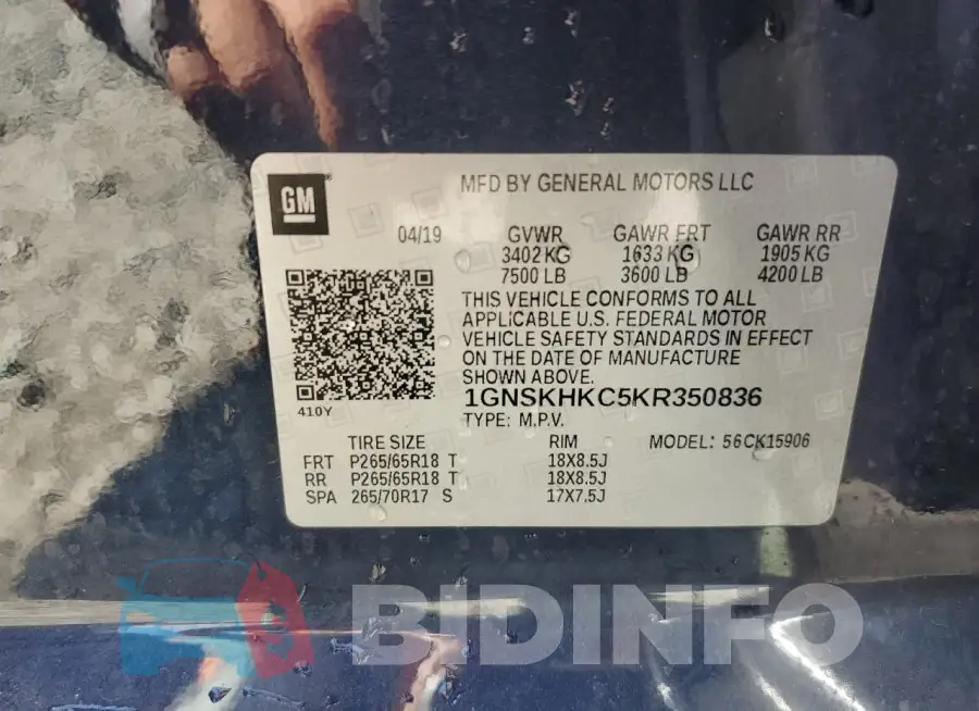 1GNSKHKC5KR350836 Photo# 13