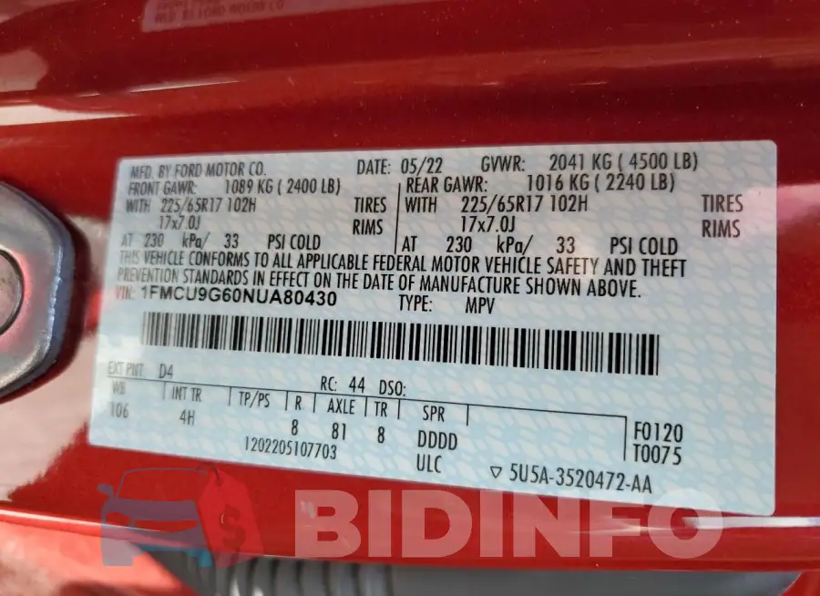 1FMCU9G60NUA80430 Photo# 13