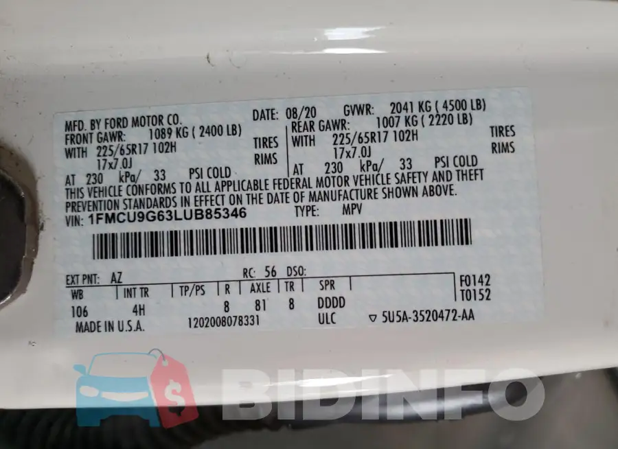 1FMCU9G63LUB85346 Photo# 12