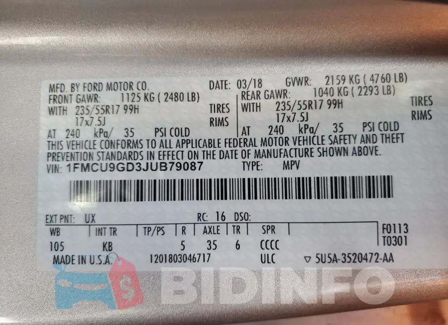1FMCU9GD3JUB79087 Photo# 13