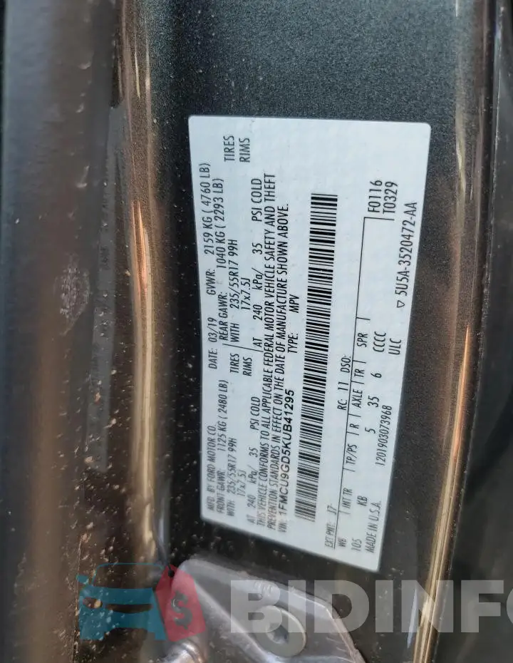 1FMCU9GD5KUB41295 Photo# 12