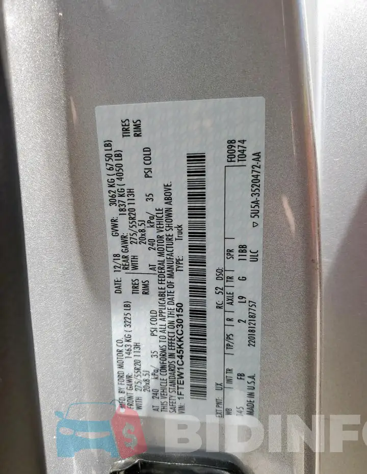 1FTEW1C45KKC30150 Photo# 12