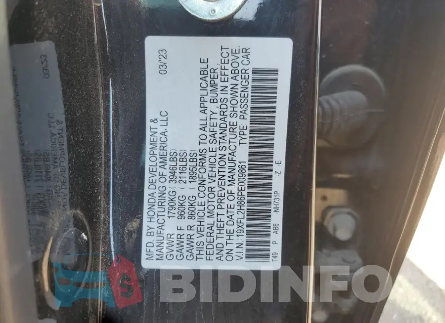 19XFL2H86PE009861 Photo# 12