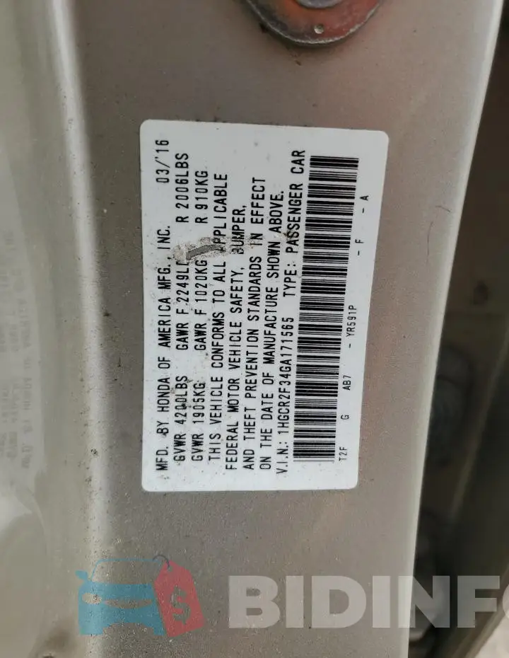 1HGCR2F34GA171565 Photo# 12