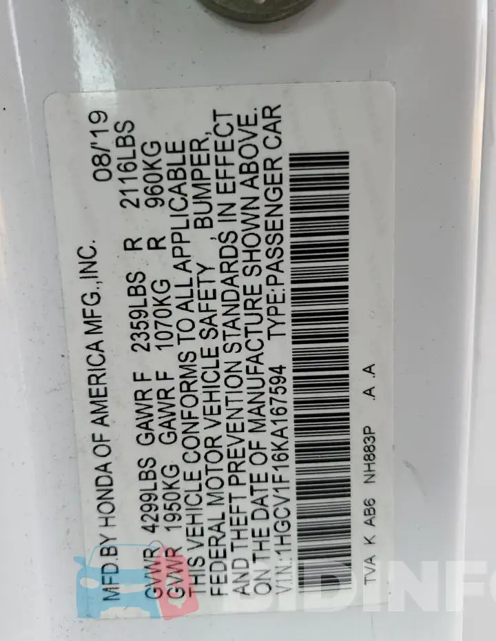 1HGCV1F16KA167594 Photo# 12
