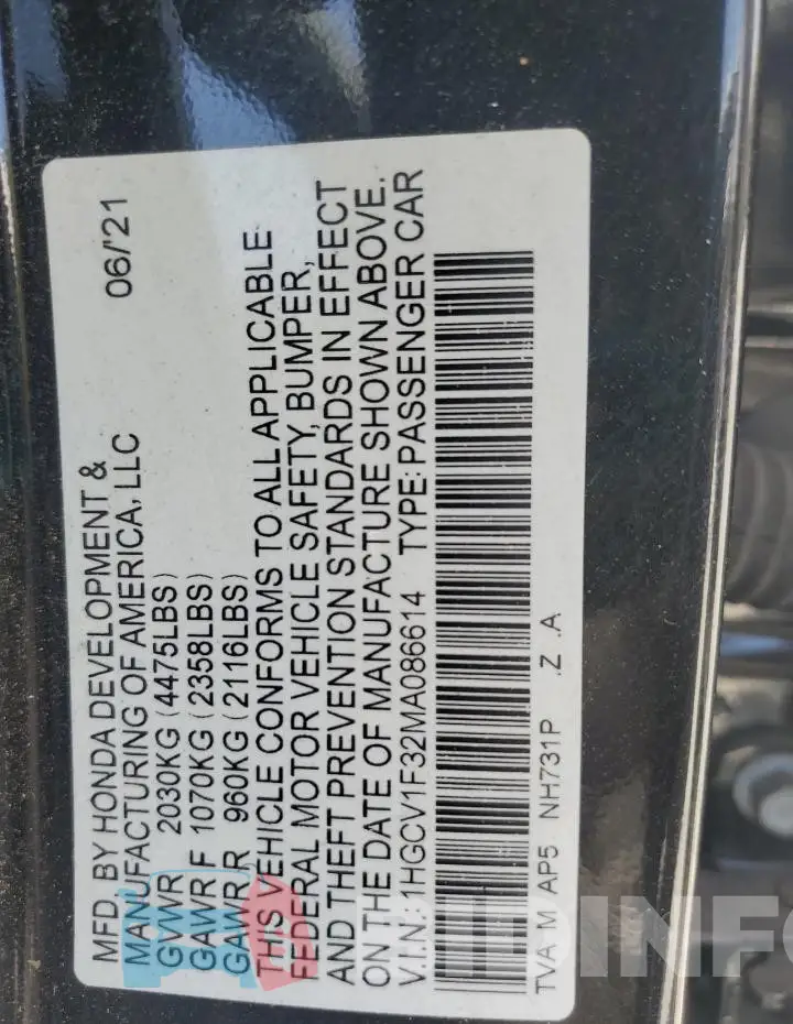1HGCV1F32MA086614 Photo# 13