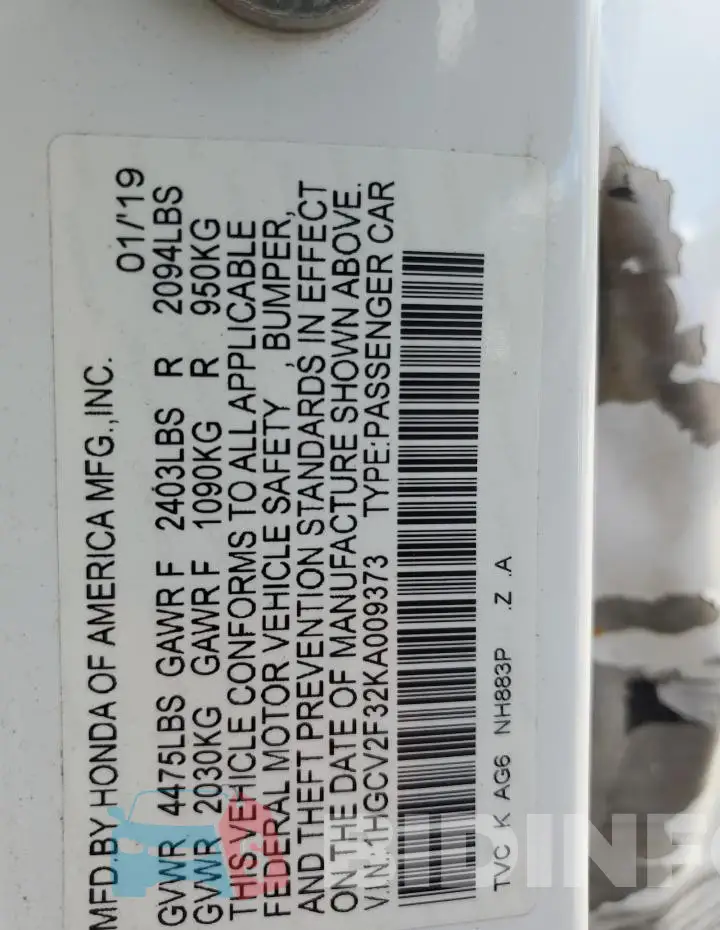 1HGCV2F32KA009373 Photo# 13
