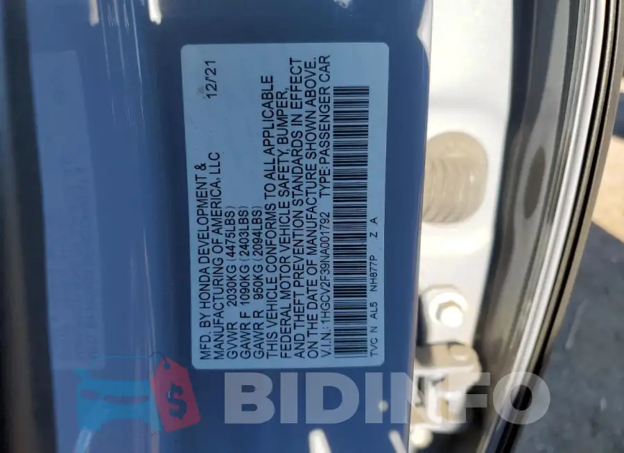 1HGCV2F39NA001792 Photo# 12