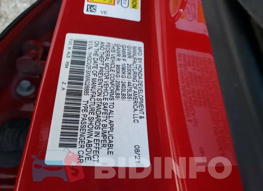 1HGCV2F3XMA028885 Photo# 13