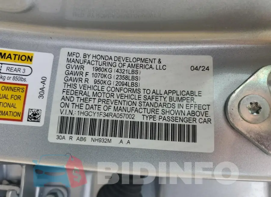 1HGCY1F34RA057002 Photo# 12