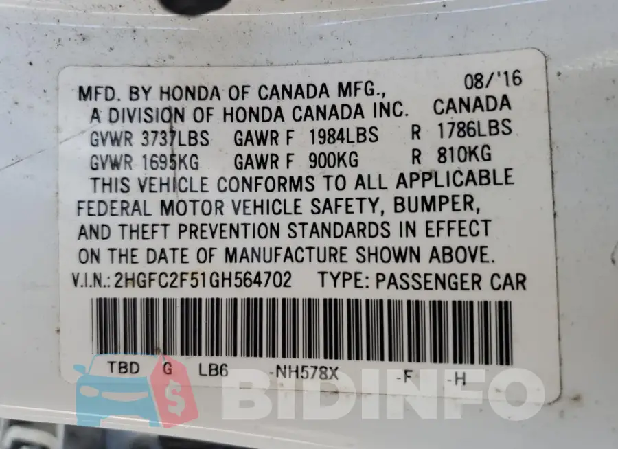 2HGFC2F51GH564702 Photo# 12