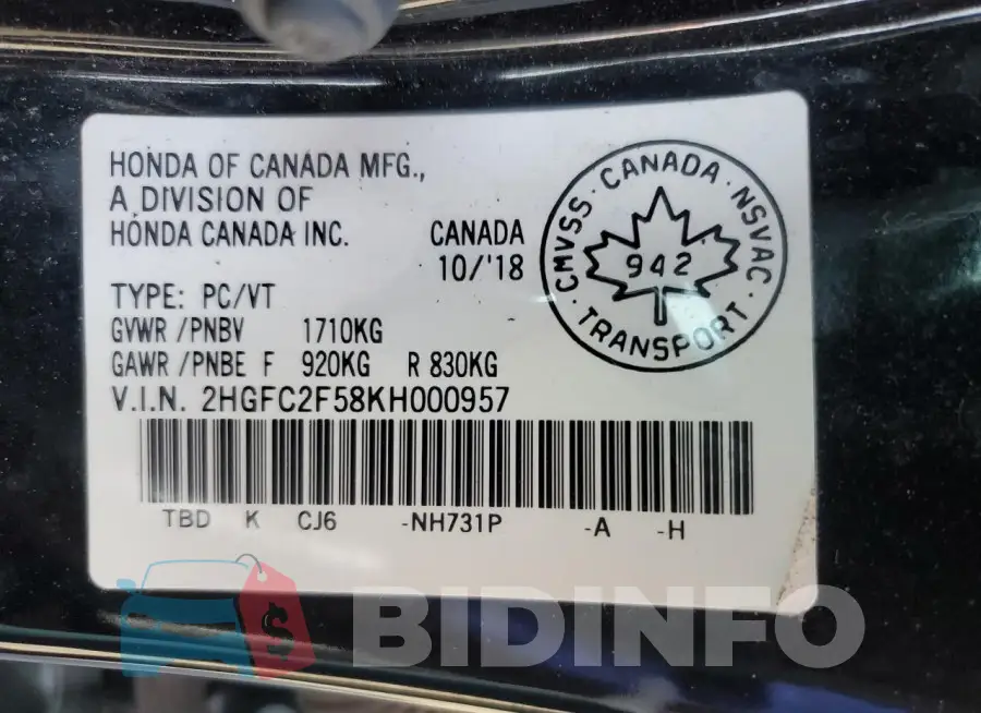 2HGFC2F58KH000957 Photo# 13