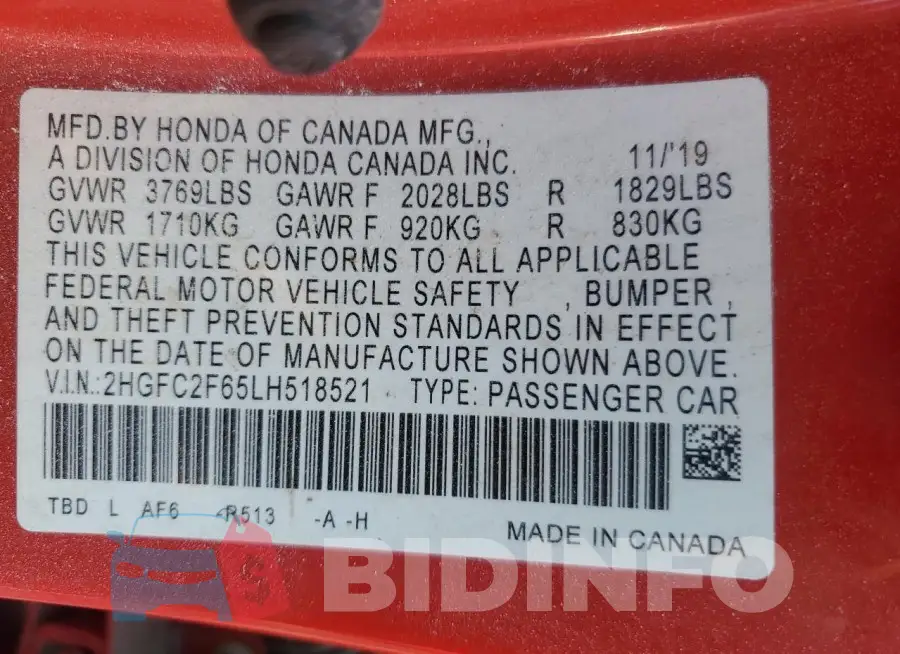 2HGFC2F65LH518521 Photo# 12