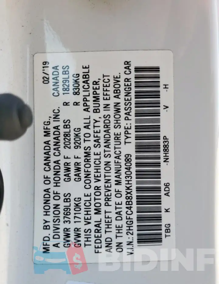 2HGFC4B8XKH304089 Photo# 12
