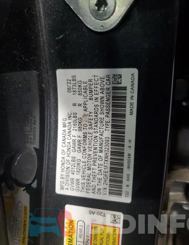 2HGFE1F7XNH323093 Photo# 12