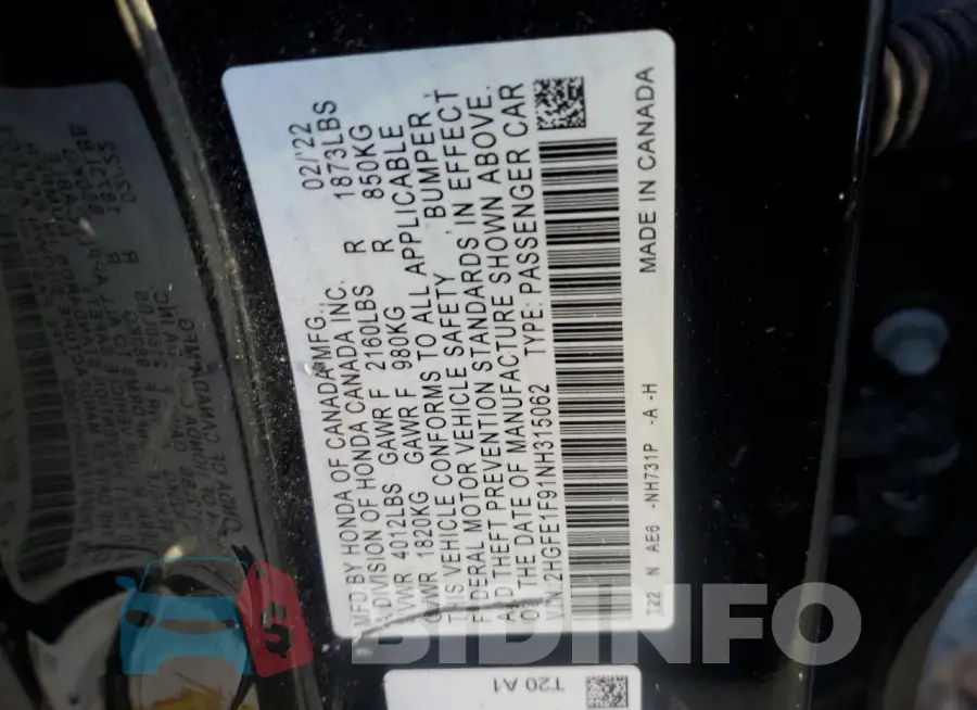2HGFE1F91NH315062 Photo# 12