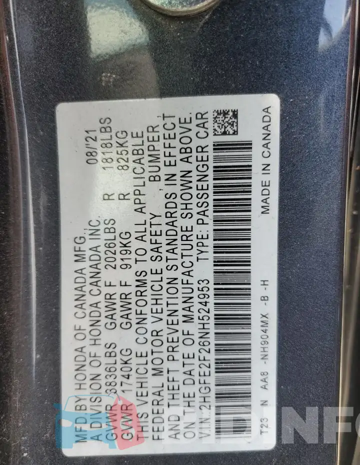 2HGFE2F26NH524953 Photo# 13