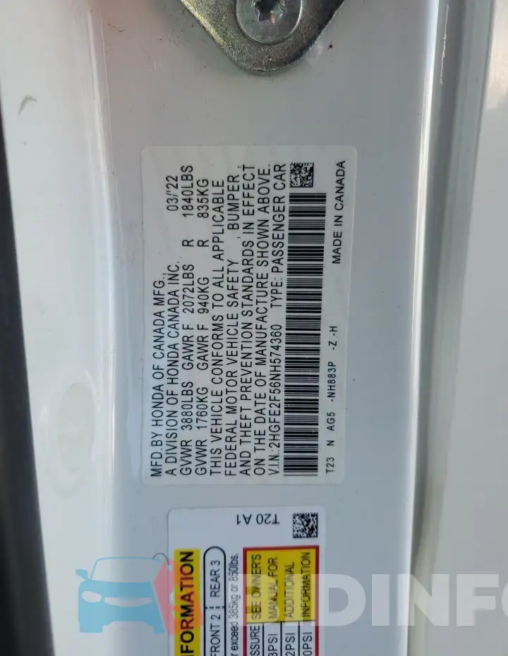 2HGFE2F56NH574360 Photo# 12