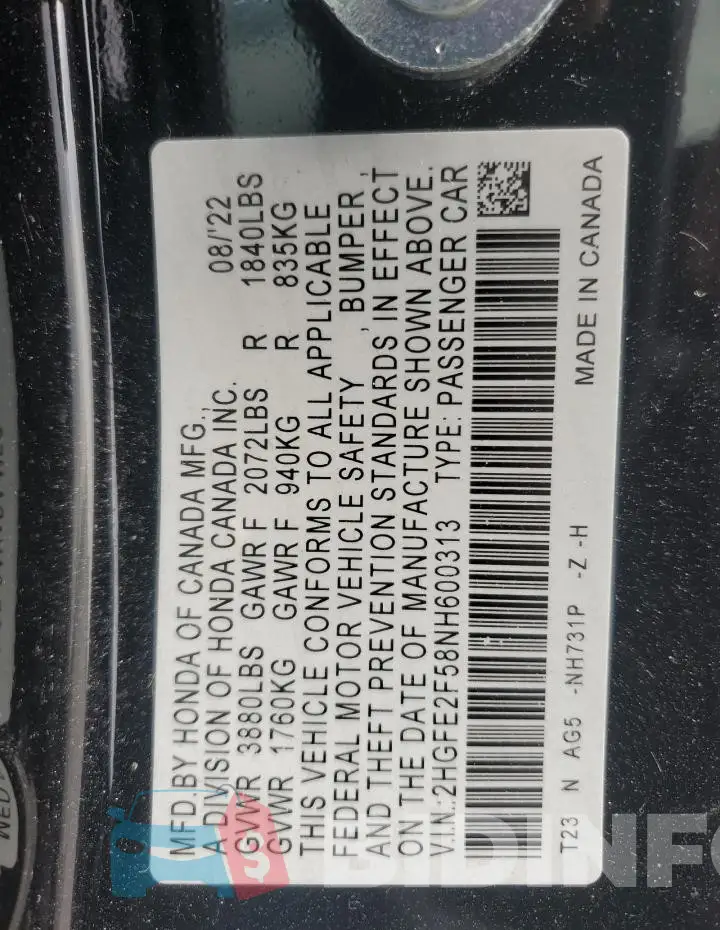 2HGFE2F58NH600313 Photo# 12