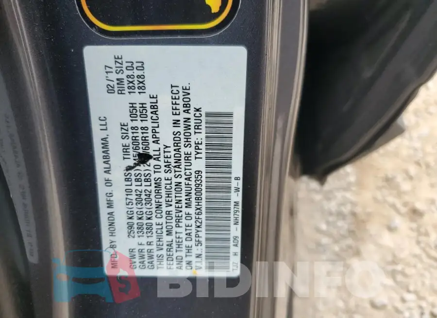 5FPYK2F6XHB009359 Photo# 12