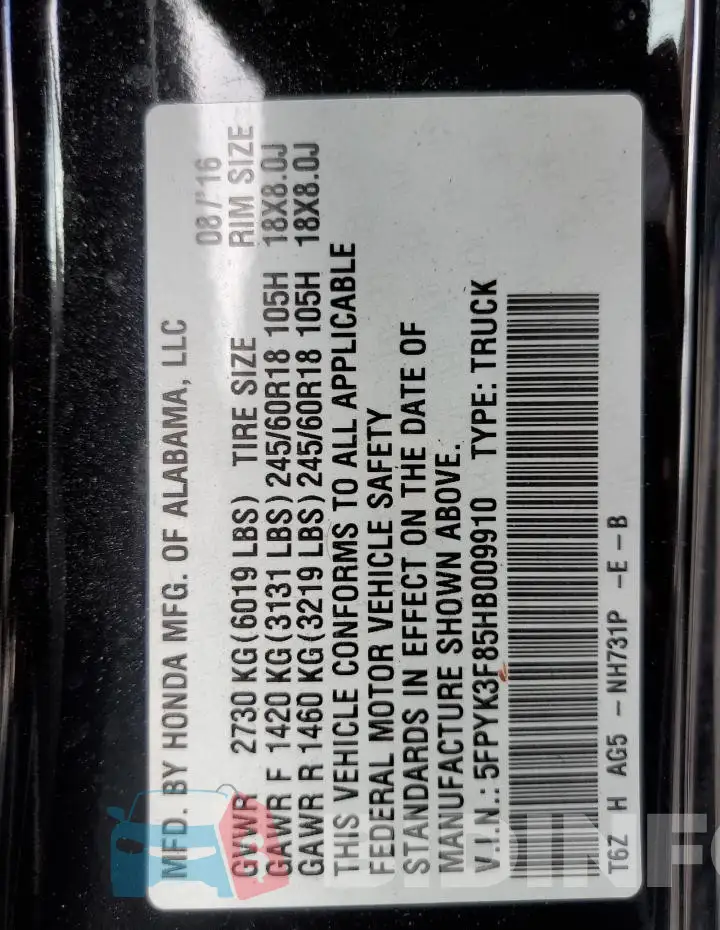 5FPYK3F85HB009910 Photo# 13