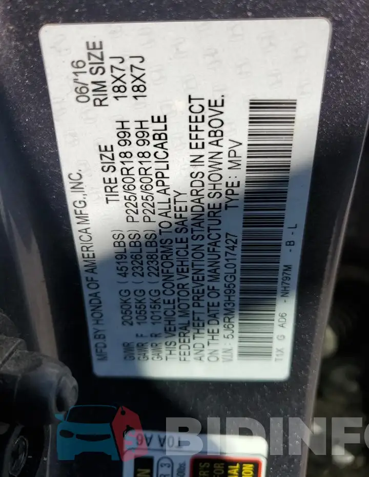 5J6RM3H95GL017427 Photo# 12