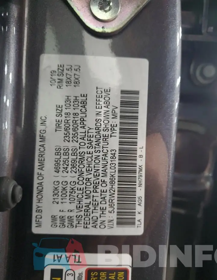 5J6RW2H86KL031843 Photo# 13