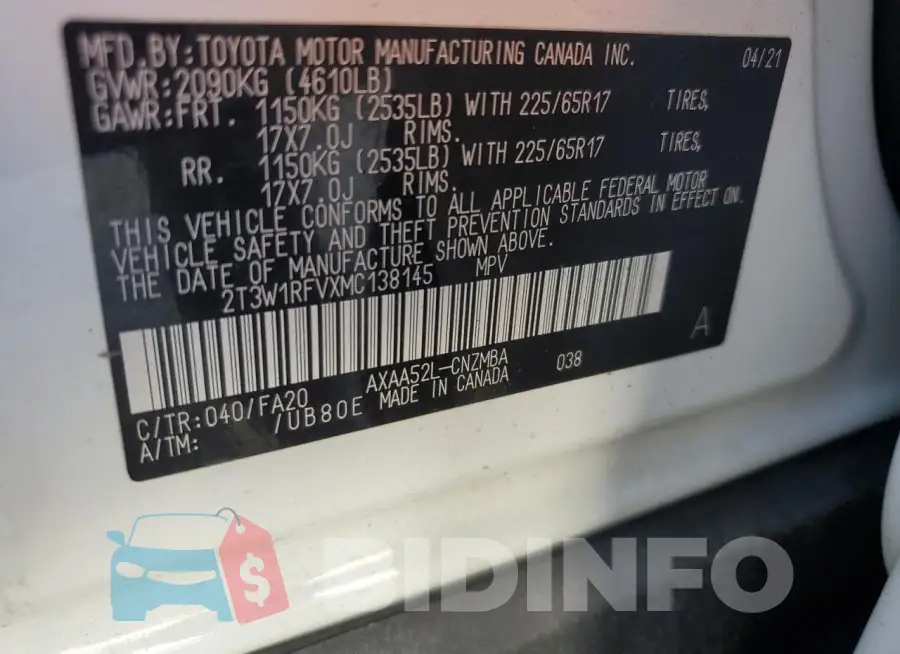 2T3W1RFVXMC138145 Photo# 13