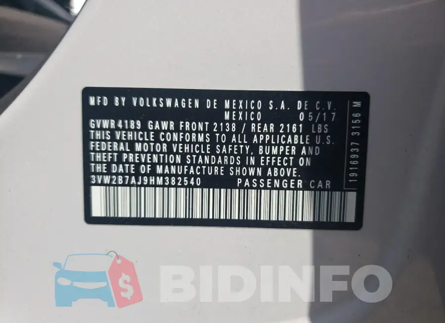 3VW2B7AJ9HM382540 Photo# 12