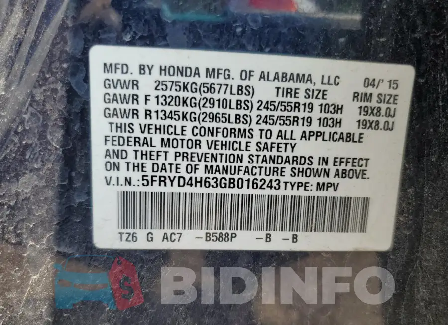 5FRYD4H63GB016243 Photo# 14