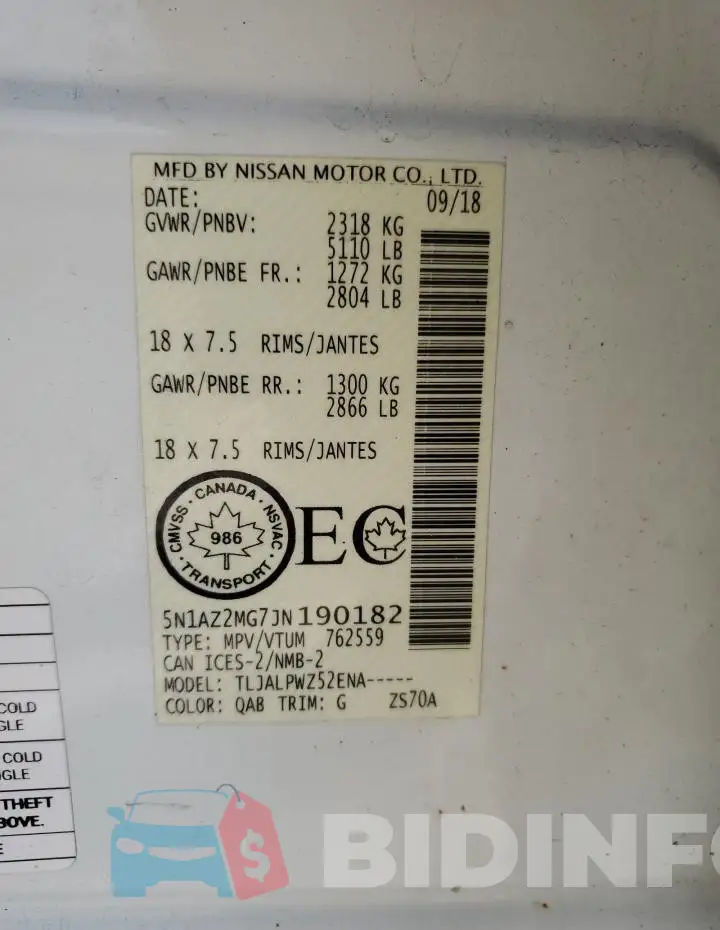 5N1AZ2MG7JN190182 Photo# 14