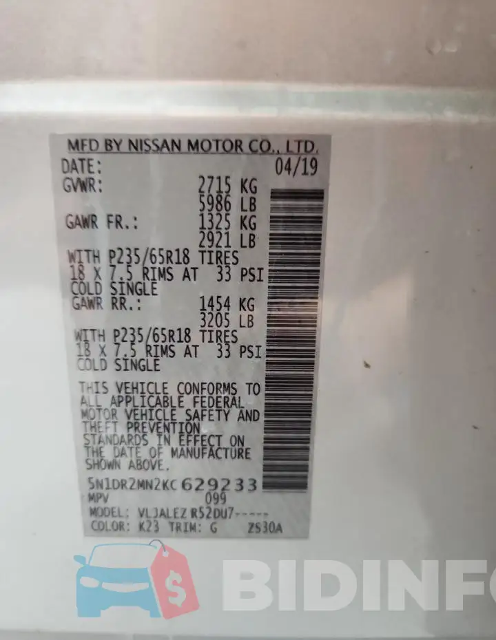 5N1DR2MN2KC629233 Photo# 13