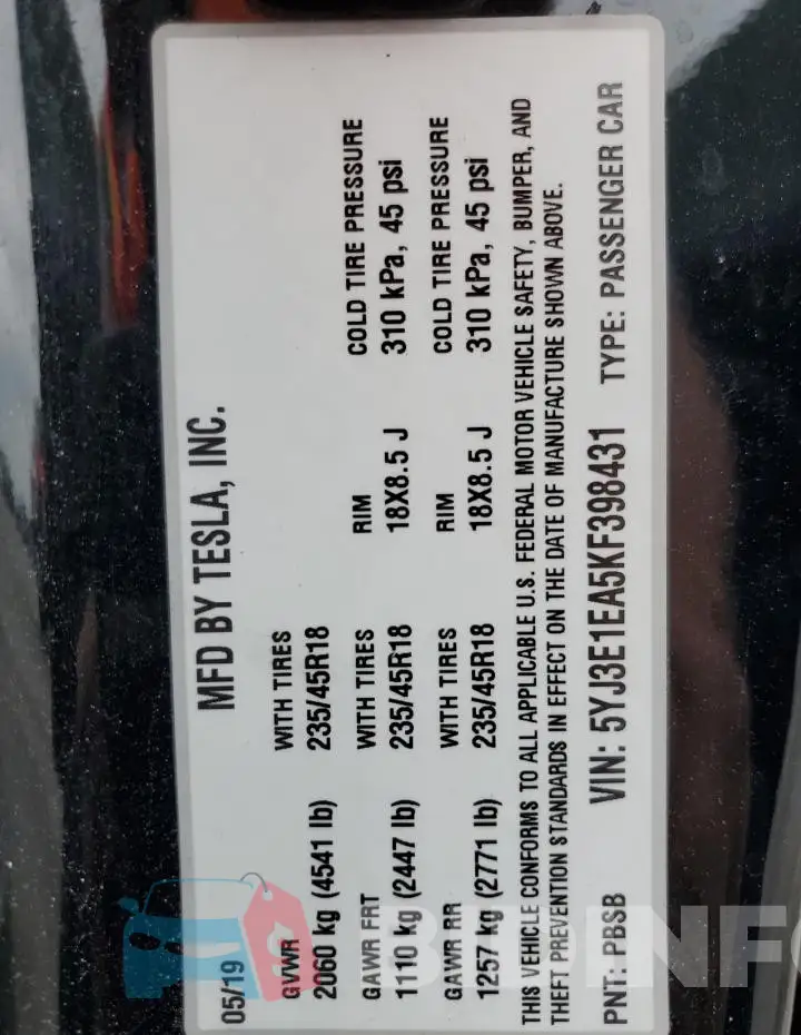 5YJ3E1EA5KF398431 Photo# 12