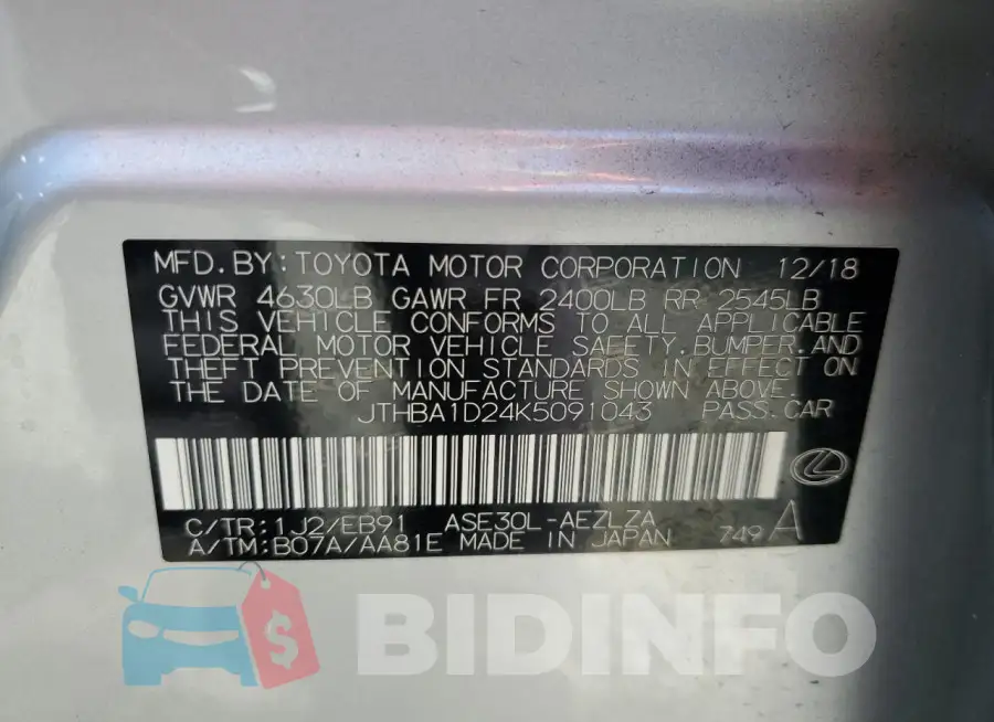 JTHBA1D24K5091043 Photo# 13