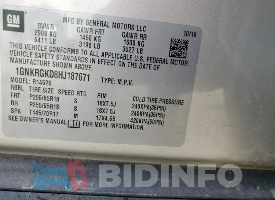 1GNKRGKD8HJ187671 Photo# 14