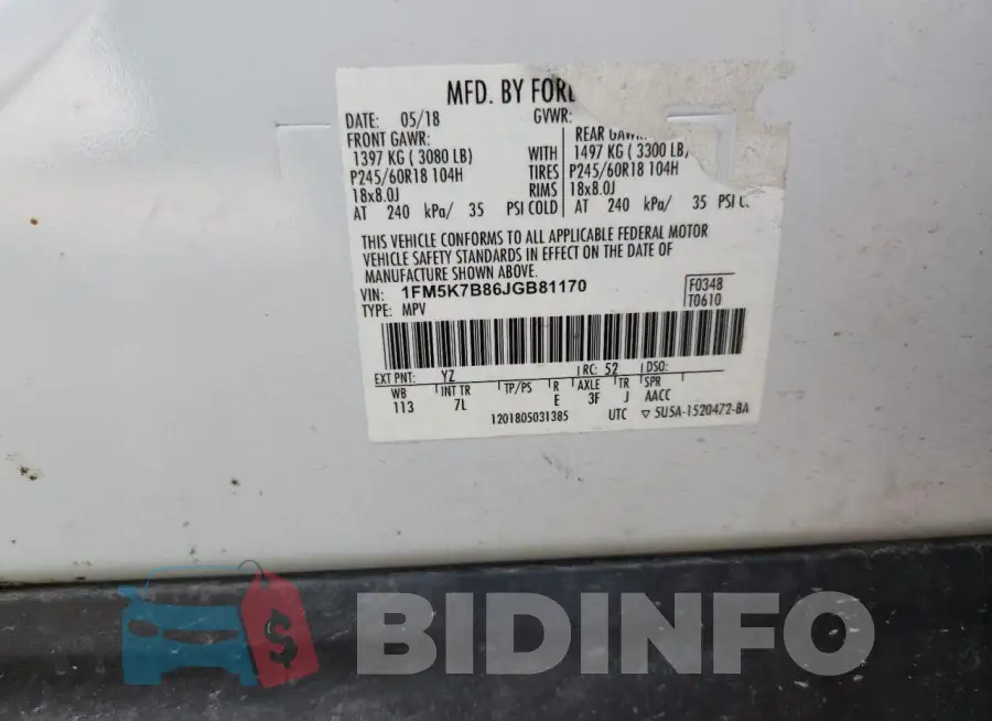 1FM5K7B86JGB81170 Photo# 13