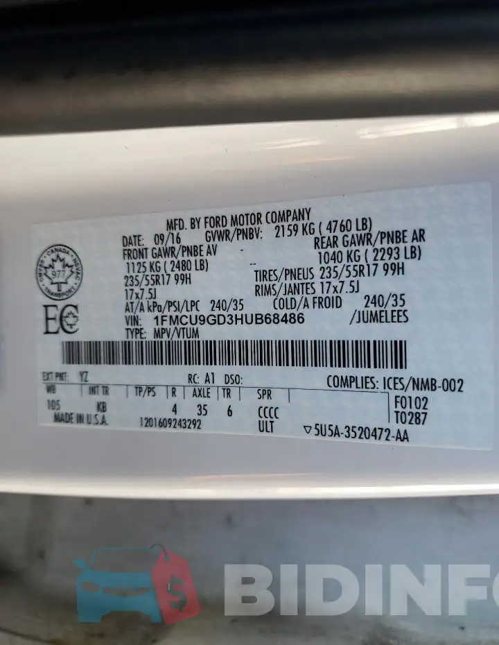 1FMCU9GD3HUB68486 Photo# 14