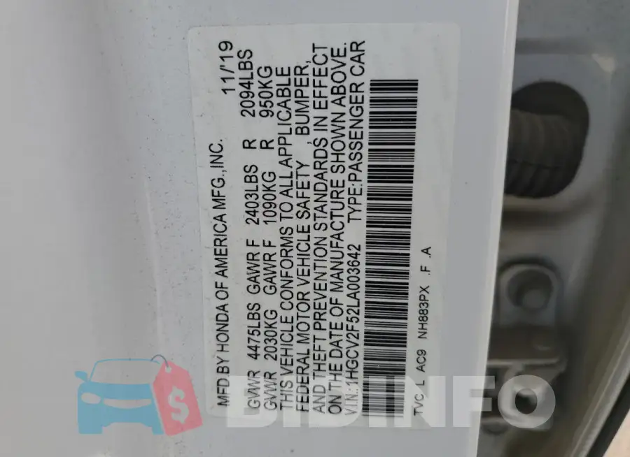 1HGCV2F52LA003642 Photo# 13